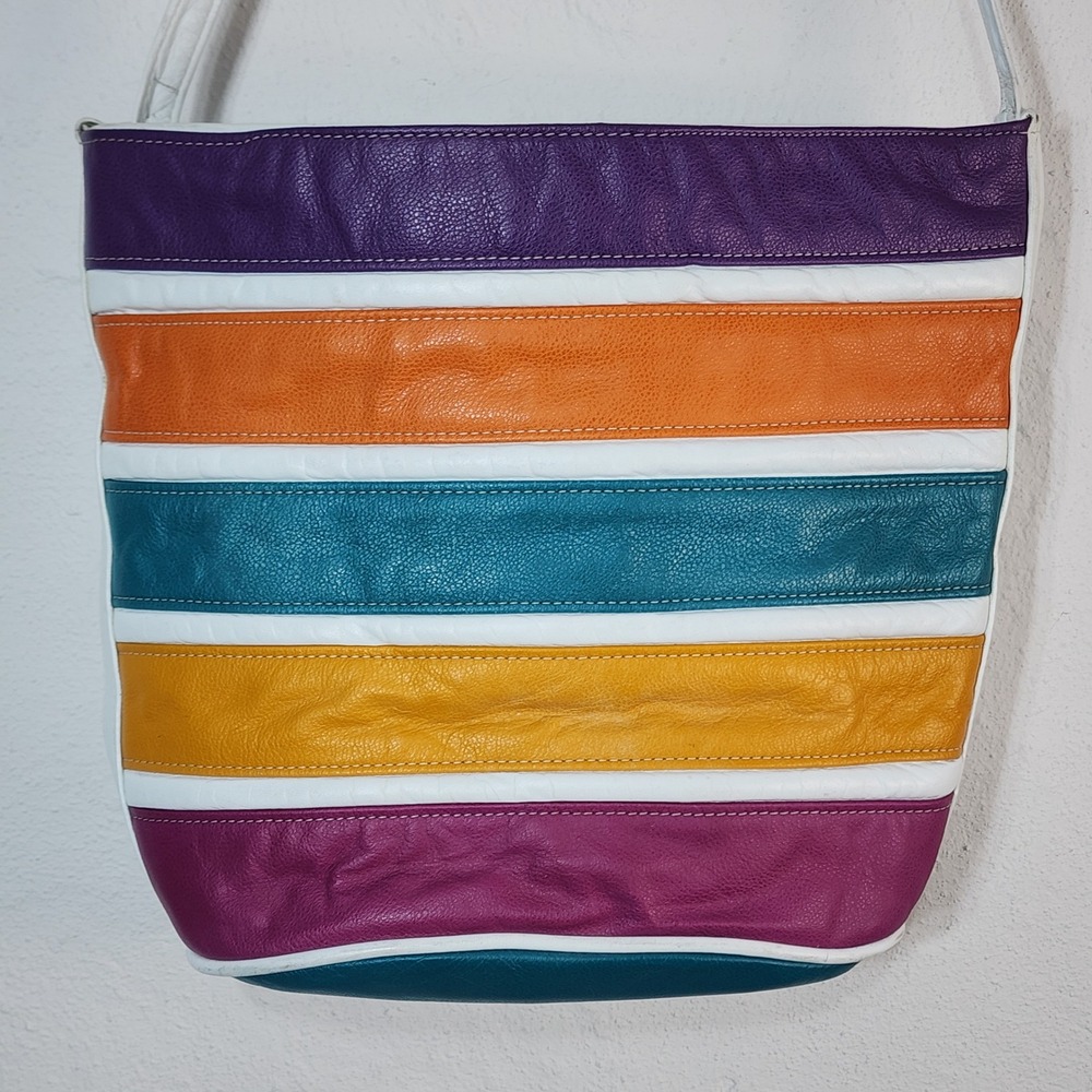 Vintage Striped Leather Shoulder Bag Multi Color Rainbow White Boho 90s USA - Picture 8 of 14